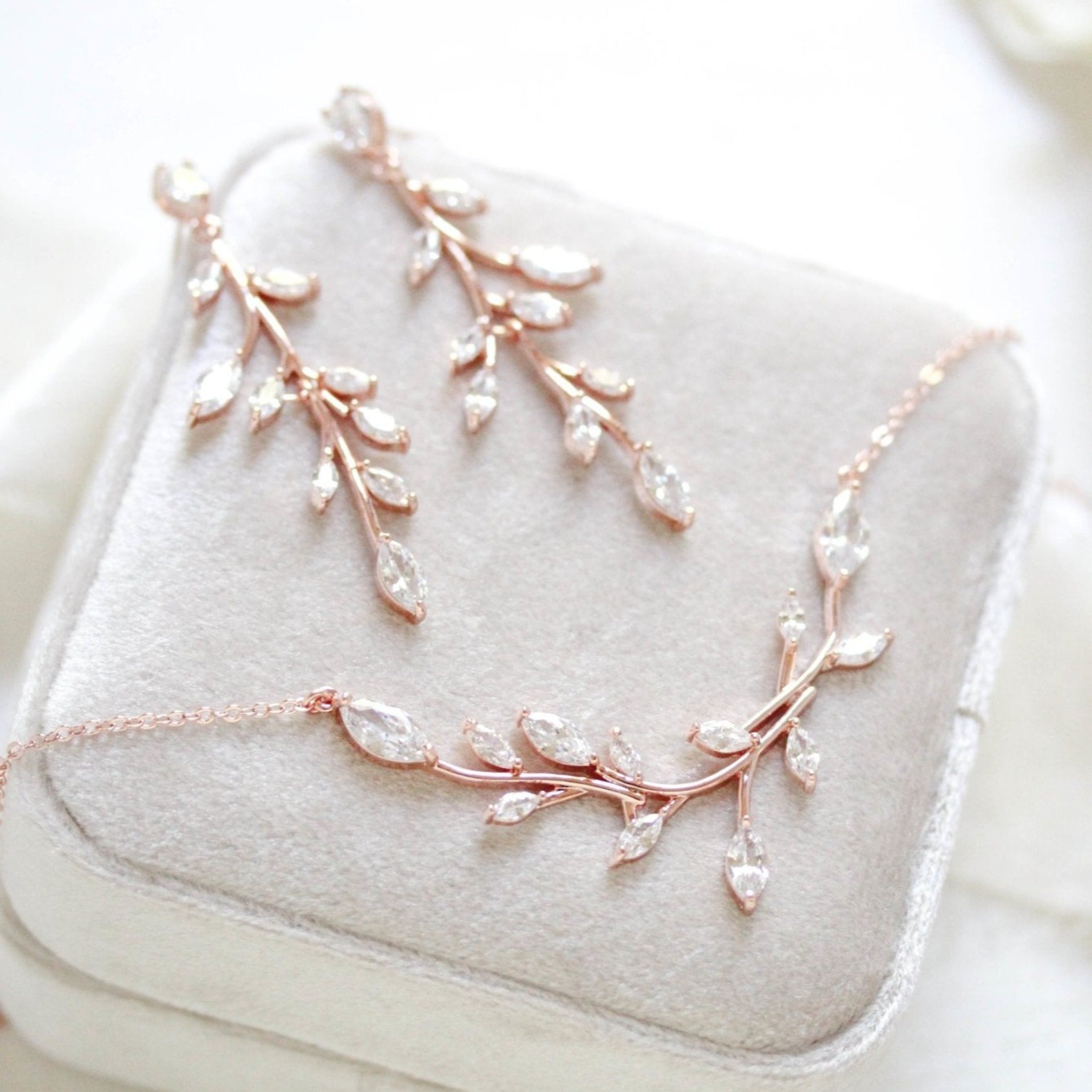 Wedding Necklace Pearl Rose Gold Y Bridal VINE LEAF BACKDROP 