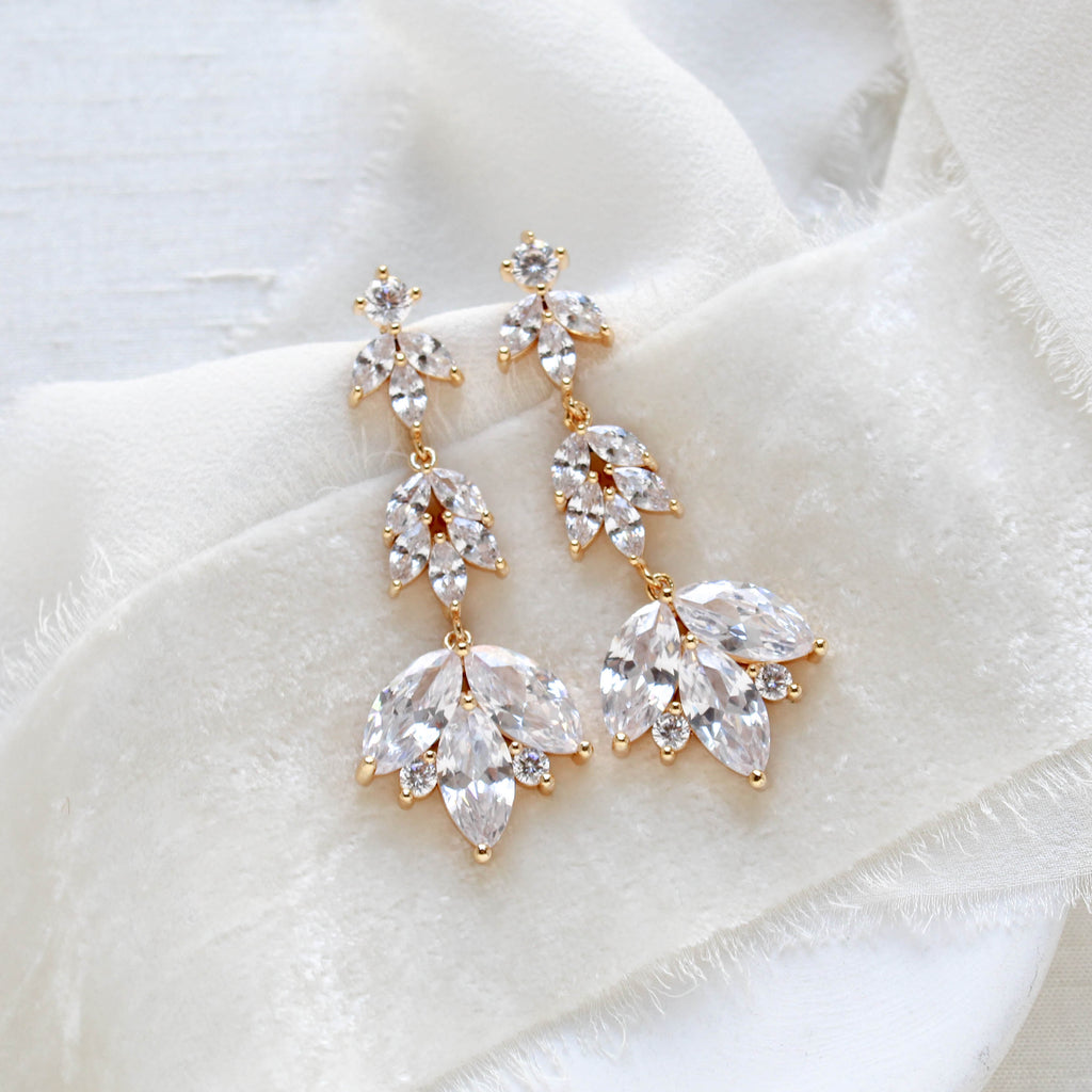 Long gold marquis cubic zirconia Bridal earrings - SEDONA