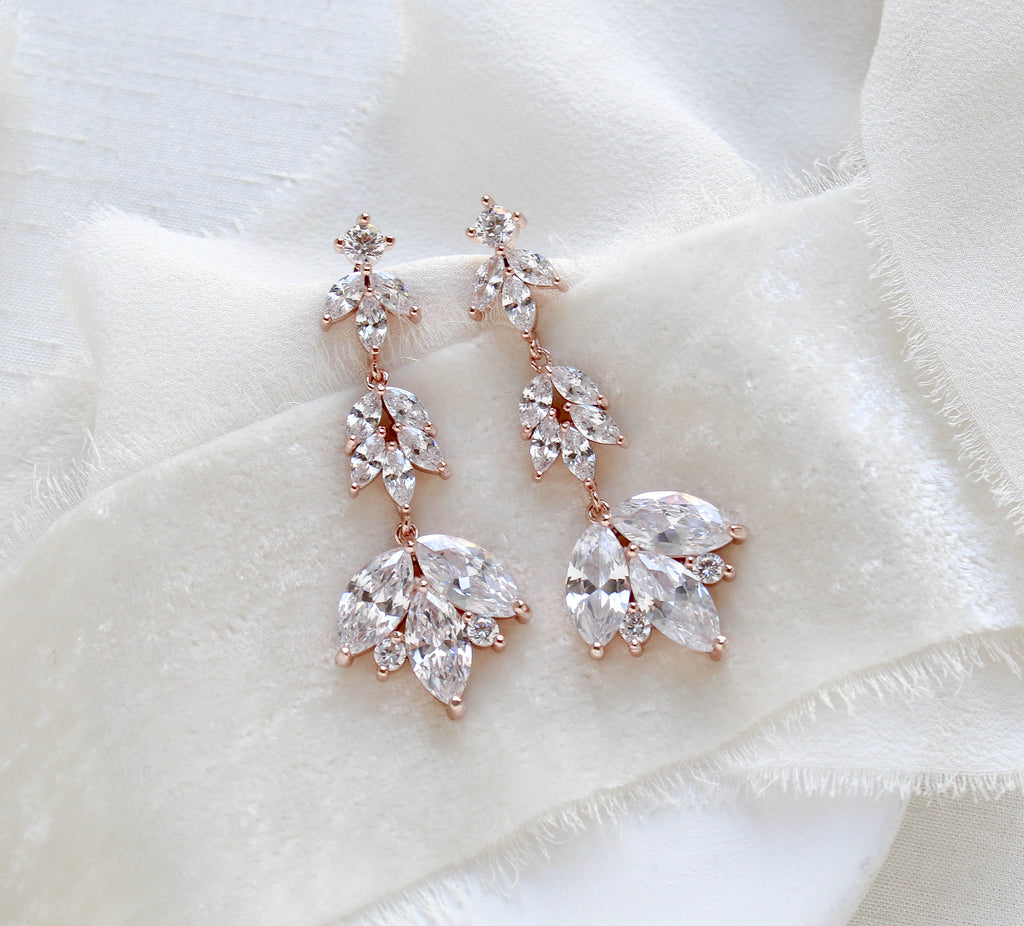 Long rose gold marquis cubic zirconia Bridal earrings - SEDONA