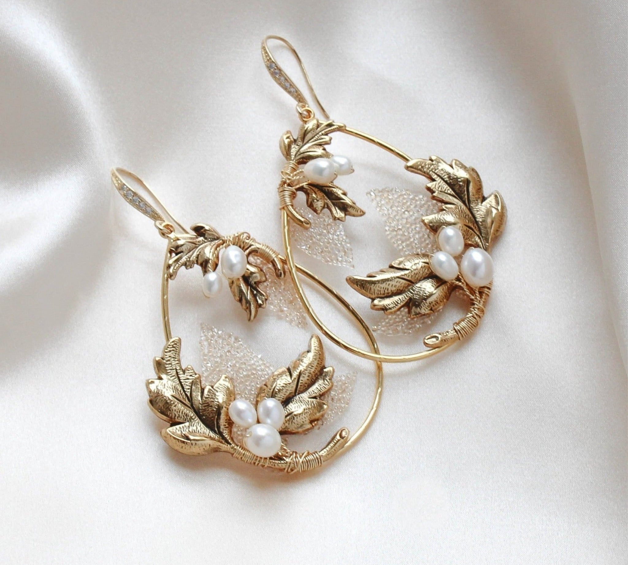 Antique gold floral hoop Bridal statement earrings - BROOKLYN - Treasures by Agnes