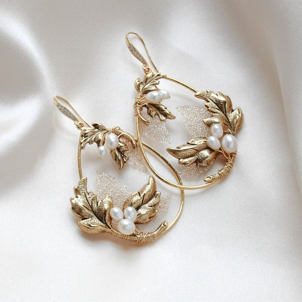 Antique gold floral hoop Bridal statement earrings - BROOKLYN - Treasures by Agnes