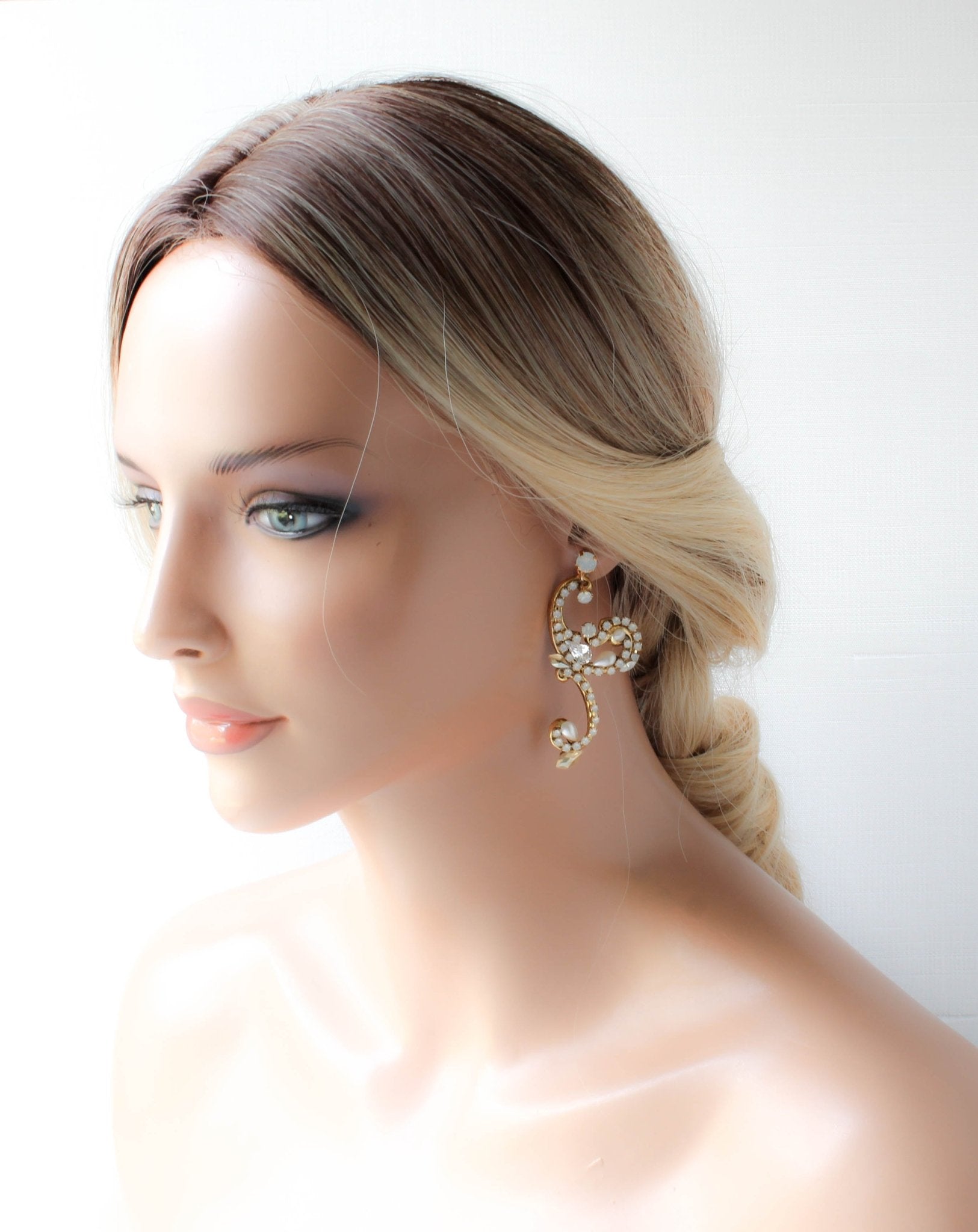 Antique gold white opal Statement Bridal earrings - SABRINA