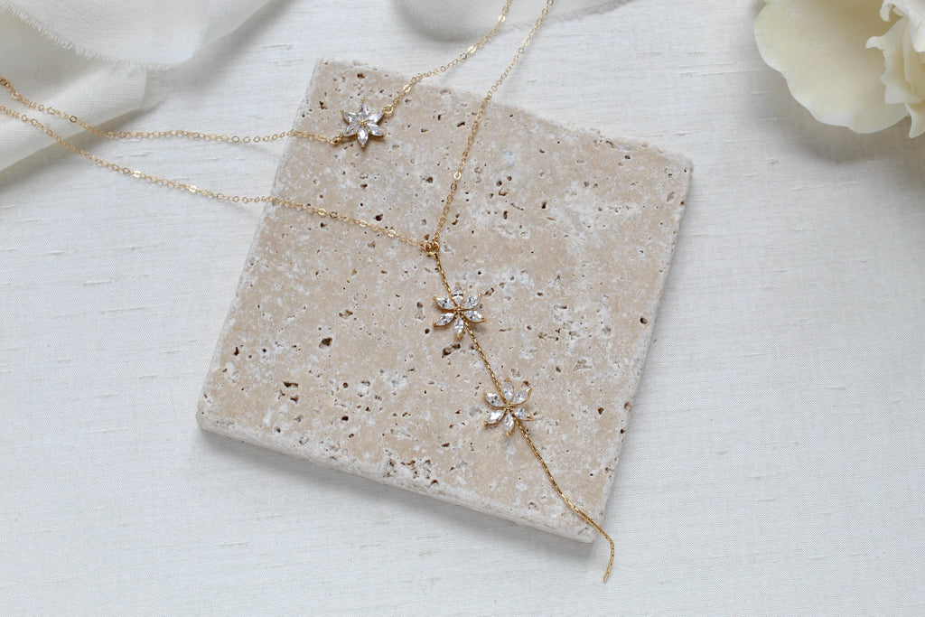 Gold filled backdrop necklace with simulated diamond flowers - RAELYNN - Treasures by Agnes