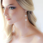 Long thin gold earrings with simulated diamond flowers - RAELYNN - Treasures by Agnes