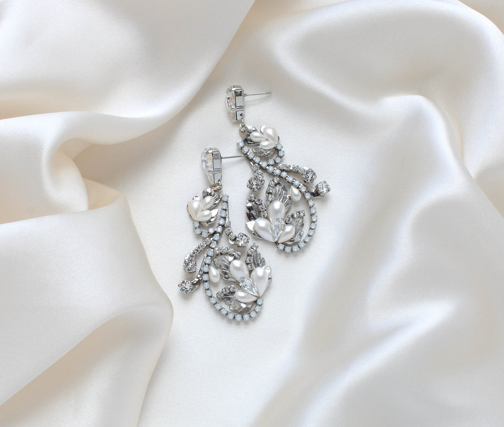 Silver Floral Bridal earrings with white opal crystals - LISA - Treasures by Agnes