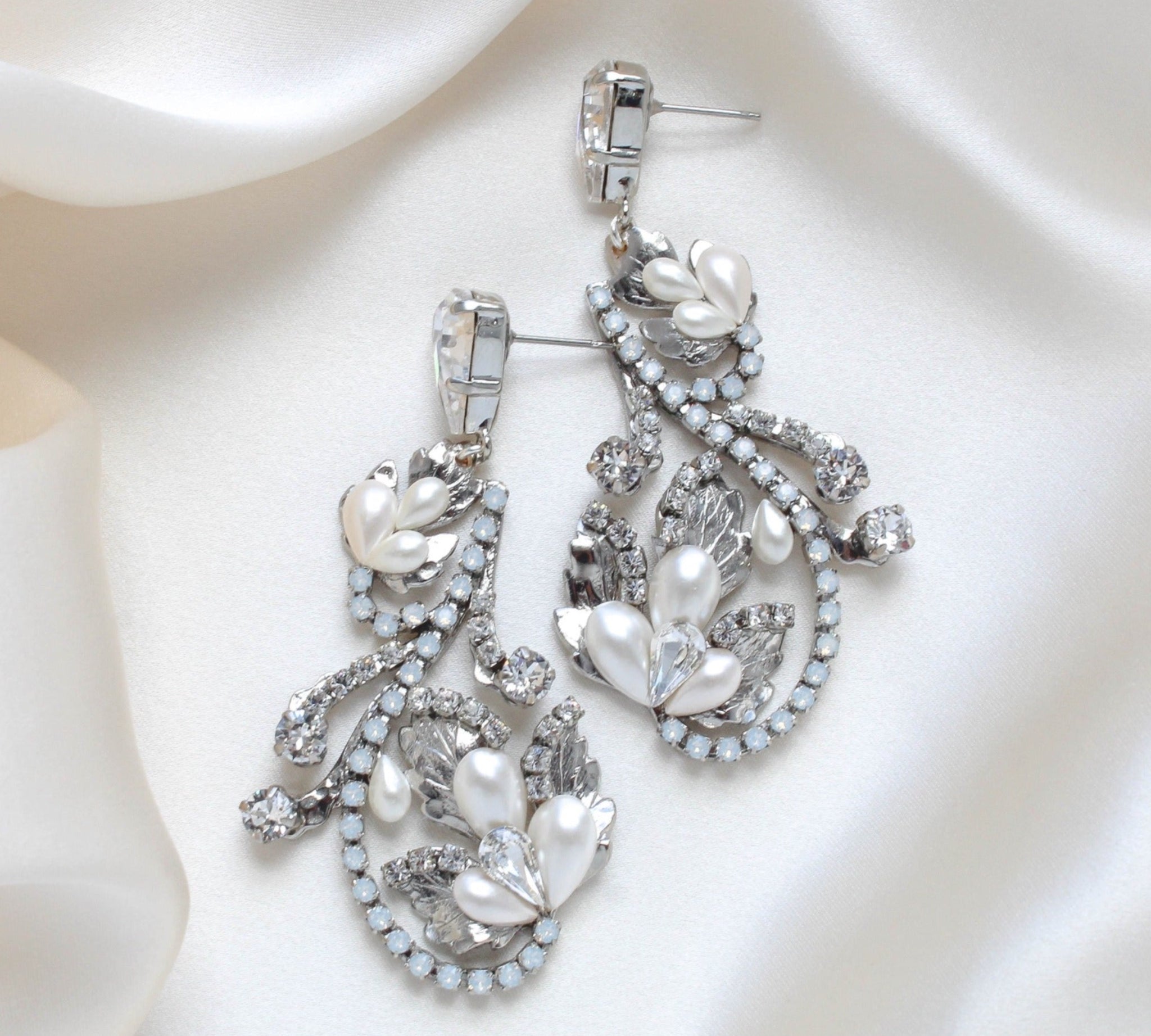 Silver Floral Bridal earrings with white opal crystals - LISA - Treasures by Agnes