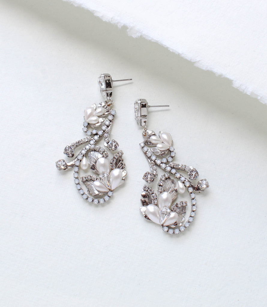 Silver Floral Bridal earrings with white opal crystals - LISA - Treasures by Agnes