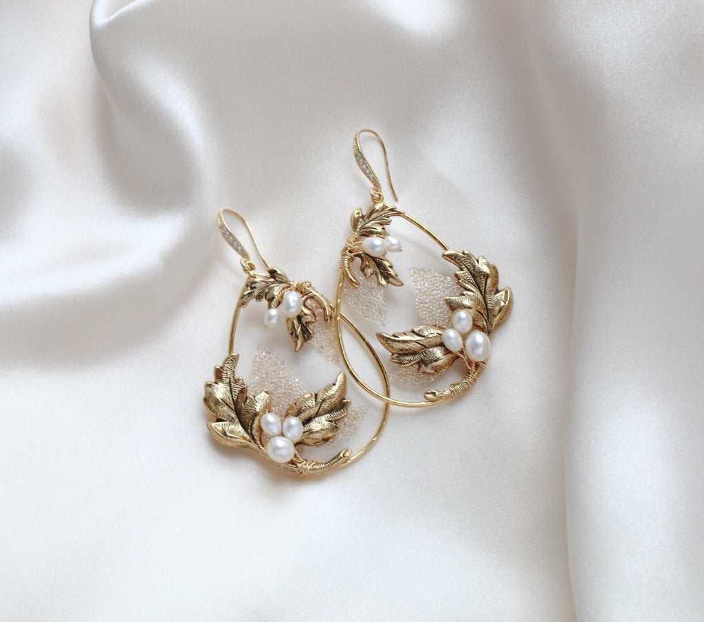 Antique gold floral hoop Bridal statement earrings - BROOKLYN - Treasures by Agnes