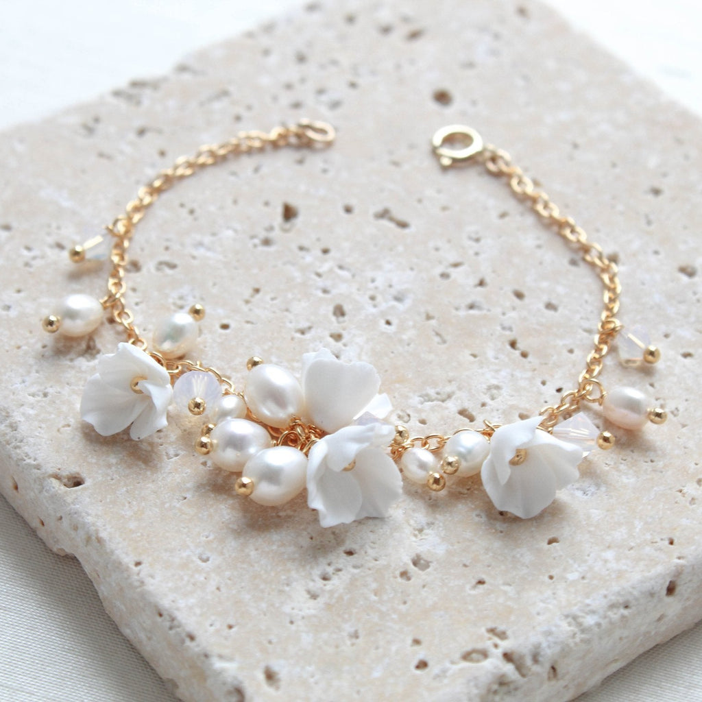 Gold floral bridal bracelet with freshwater pearls - MEADOW - Treasures by Agnes