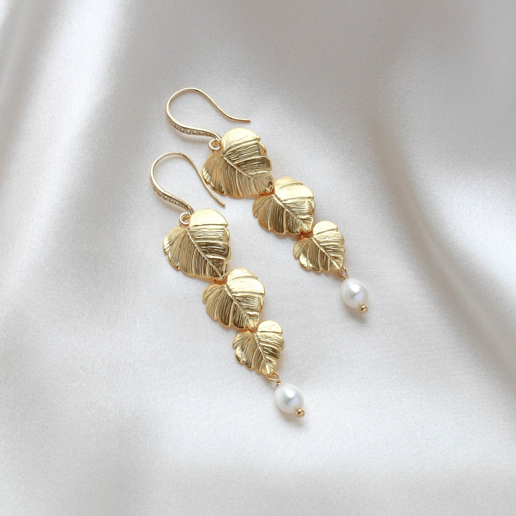 Long gold pearl earrings with cascading leaves - DELANEY - Treasures by Agnes