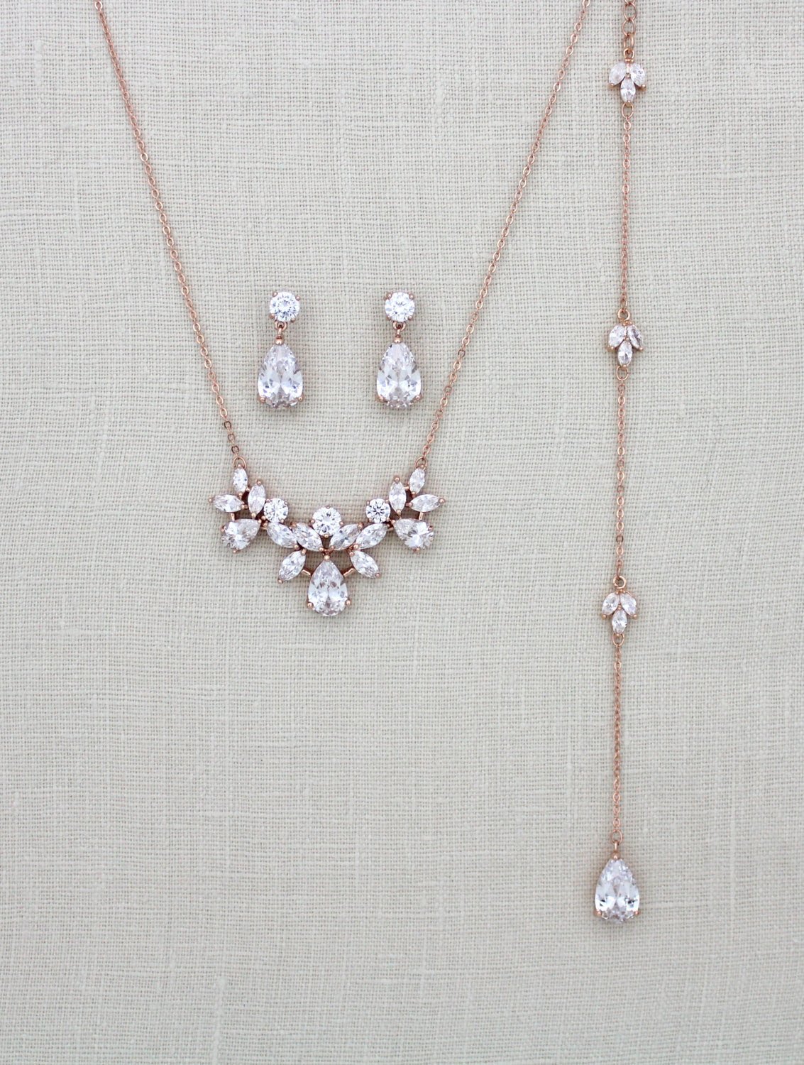 Rose gold Crystal Bridal Backdrop necklace set - TALIA – Treasures by Agnes