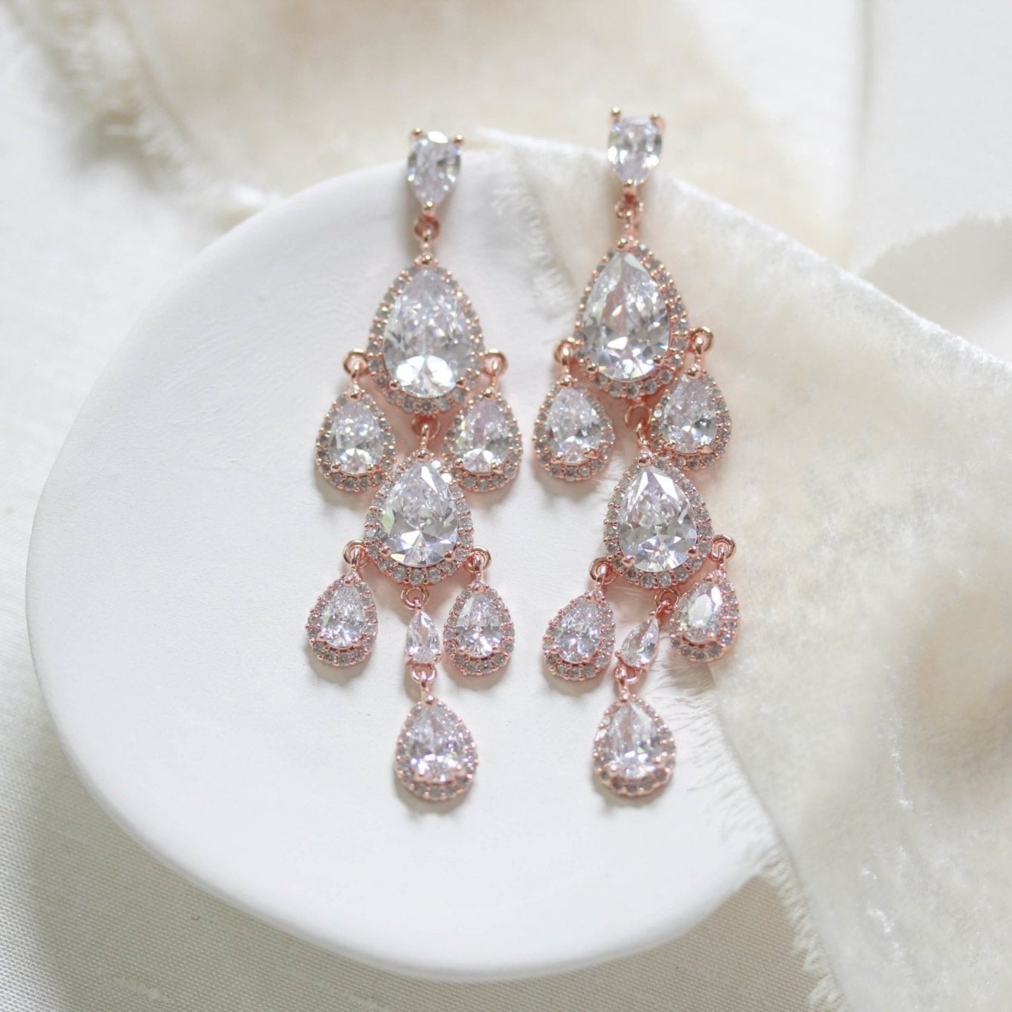 Rose gold Teardrop Chandelier bridal earrings – Treasures by Agnes