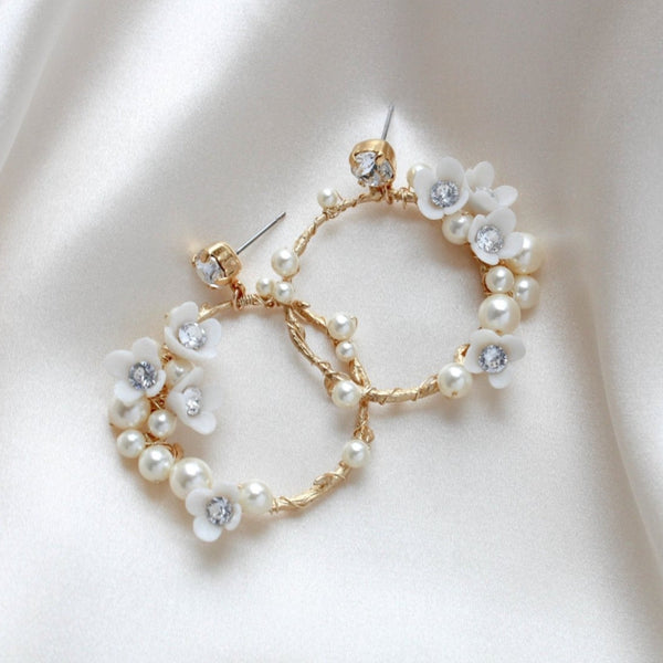 Round Floral hoop Bridal earrings with pearls and crystals - KARA - Treasures by Agnes