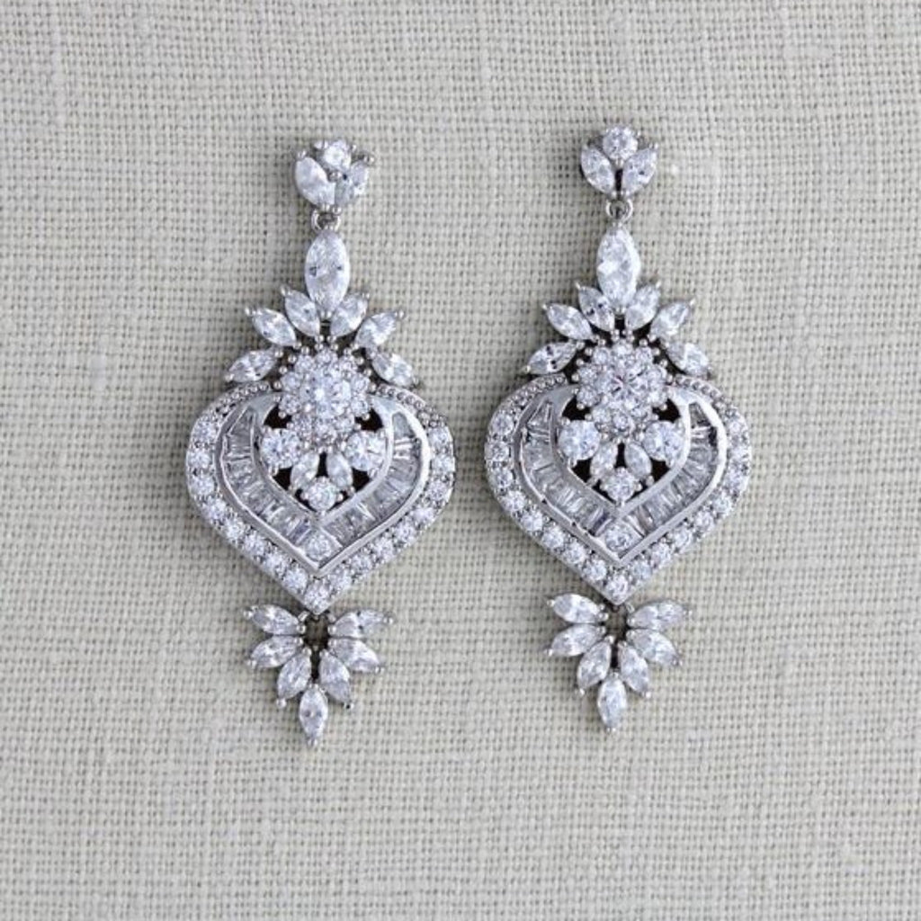 Silver or Rose gold CZ Bridal earrings, Art Deco vintage style earring ...