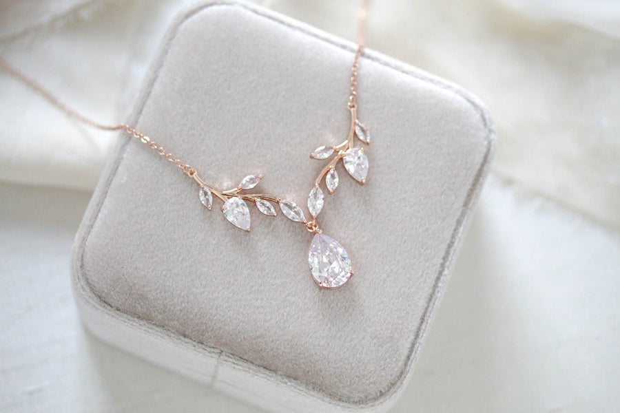 Cubic Zirconia Diamond Necklace Earrings Set Rose Gold 